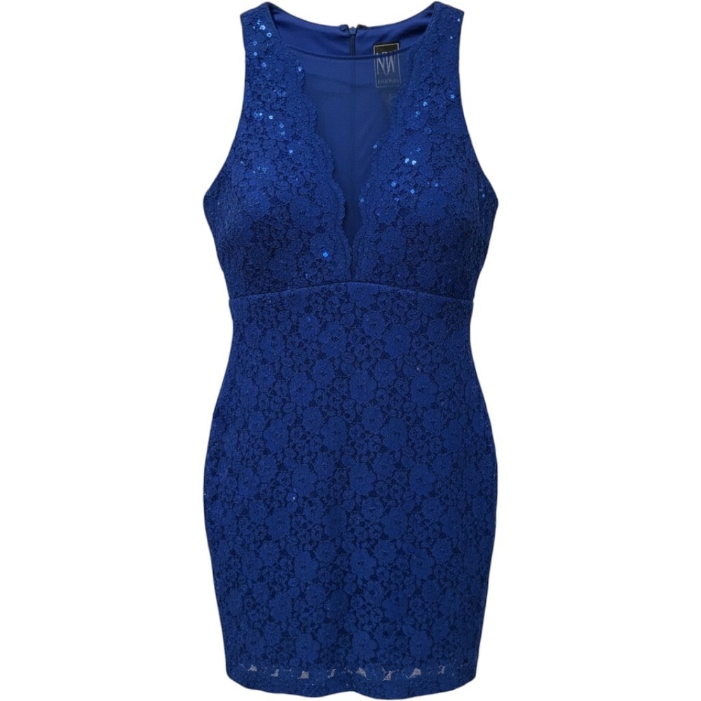 Nightway Royal Blue Sequin Lace Scalloped V-Neck Bodycon Dress